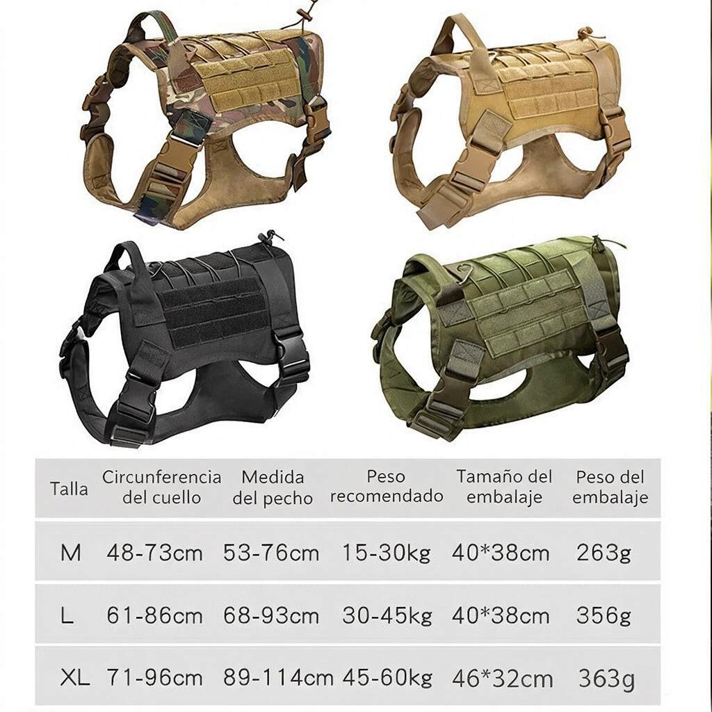 Arnés táctico para perro disponible en varias tailles (M, L, XL) avec descriptions des mesures et poids.