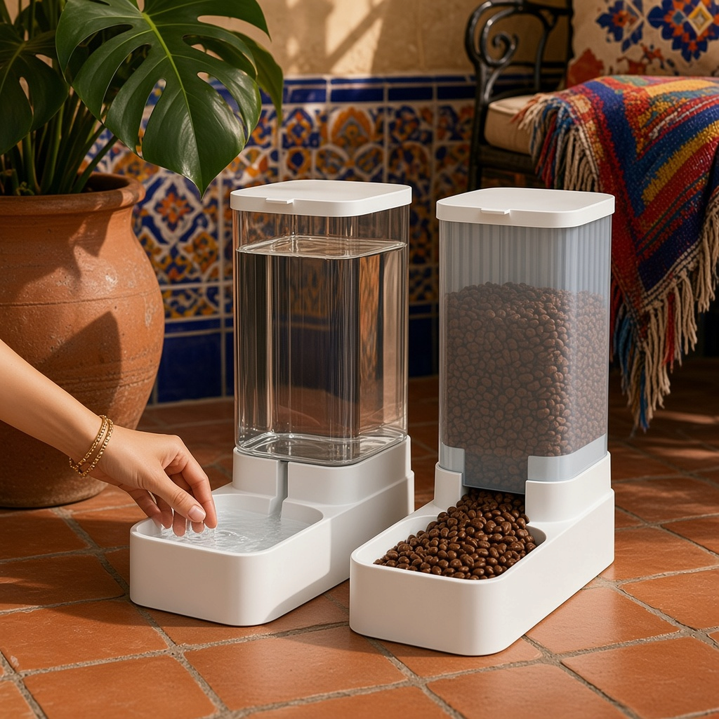 Comedero y bebedero automático por gravedad para perro 3.8 L, dispensador de agua y croquetas en un ambiente lumineux.