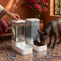 Comedero y Bebedero Automático por Gravedad para Perro 3.8 L avec chien en train de manger.