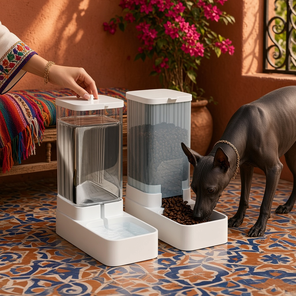 Comedero y Bebedero Automático por Gravedad para Perro 3.8 L avec chien en train de manger.