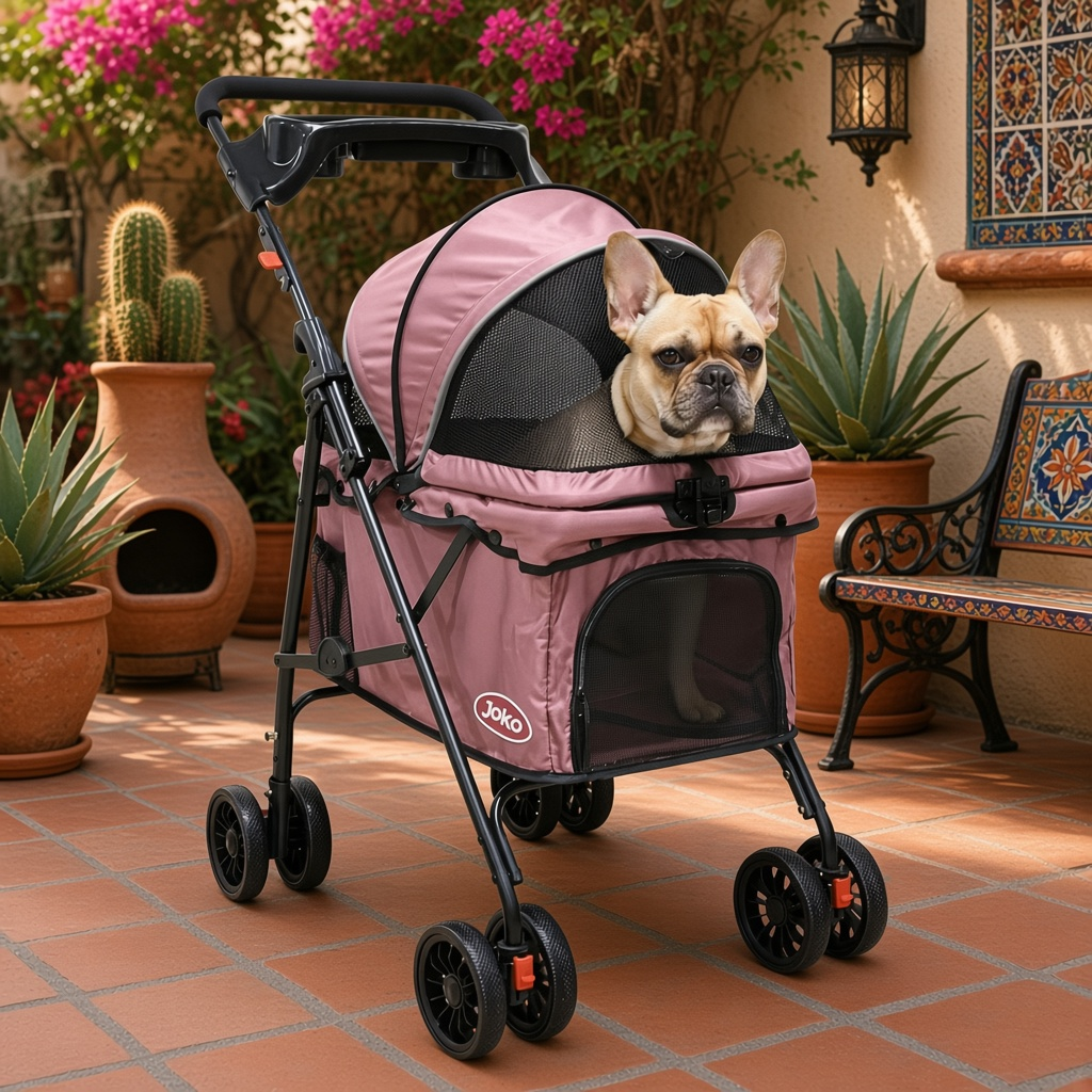 carriola para perro pequeño y mediano plegable Mitzon avec un chien à l'intérieur dans un cadre extérieur.