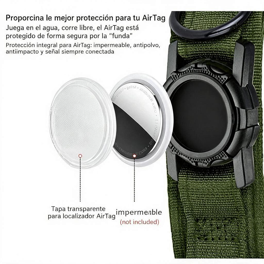 Arnés táctico para perro avec protection pour AirTag, imperméable, et couvercle transparent.