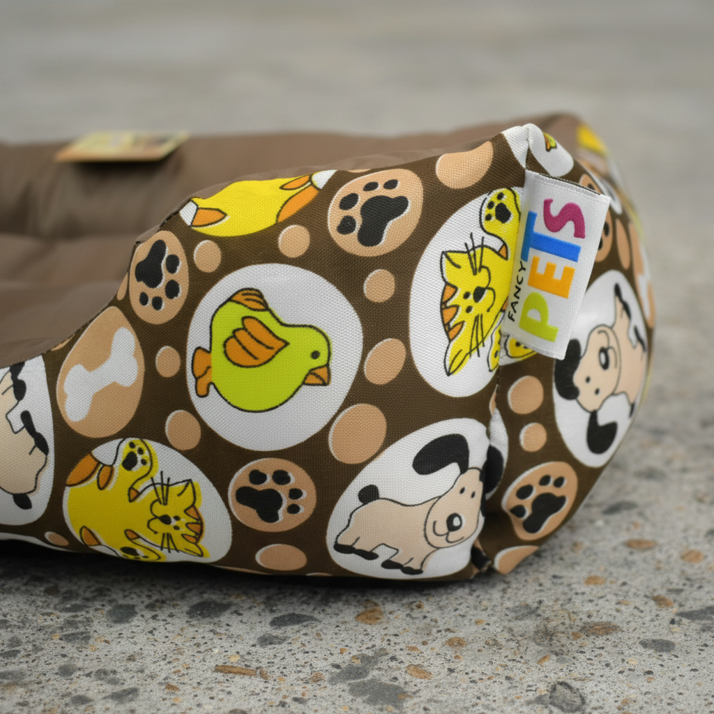 Cama para perro mediana acolchada café con diseño colorido de animales y huellas de patas, perfecta para el descanso.