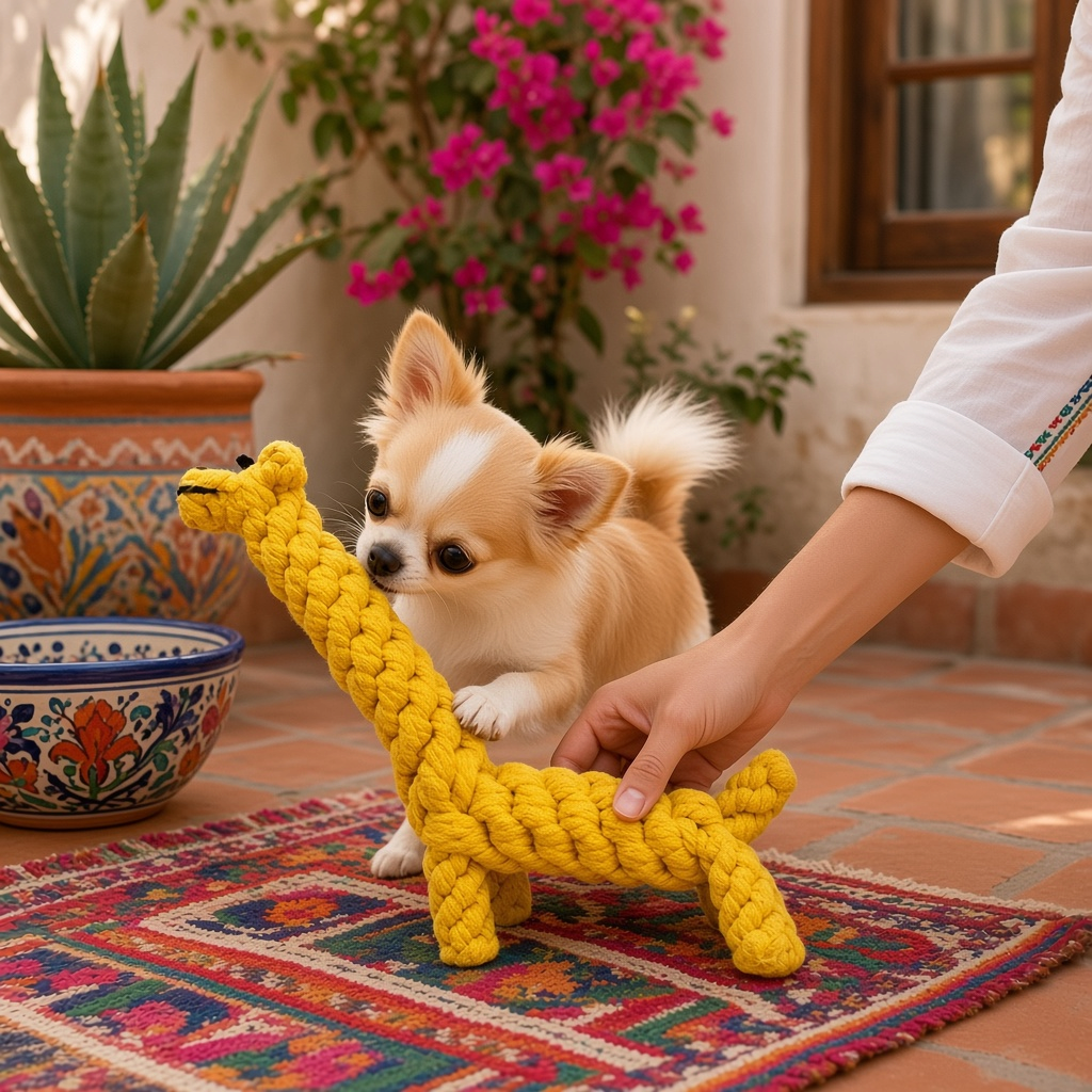 Chihuahua jugando con un juguete mordedera de cuerda para perro en un ambiente colorido.