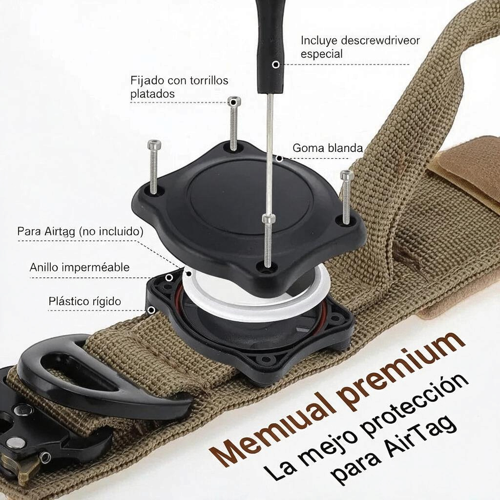 Collar táctico para perro con soporte para localizador y materiales resistentes, ideal para aventuras al aire libre.