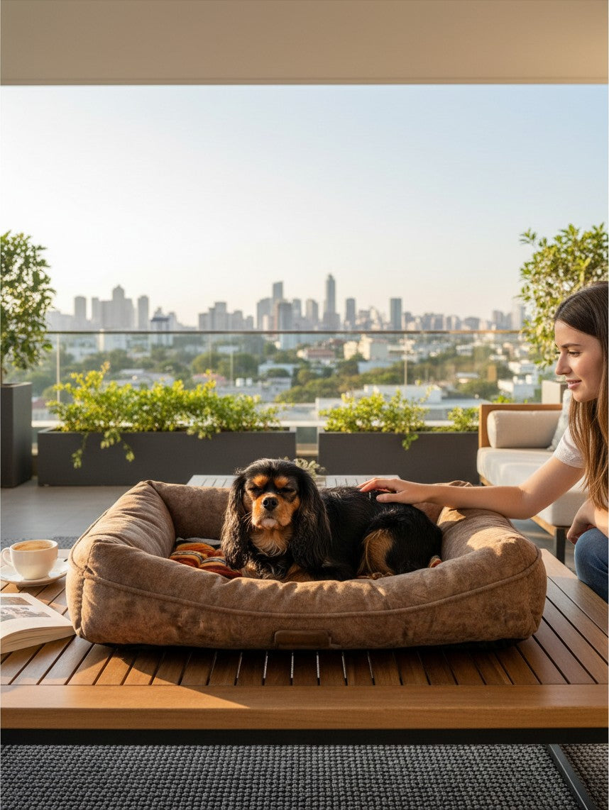 Cama ortopédica MITZON con Golden Retriever cachorro en interior rústico