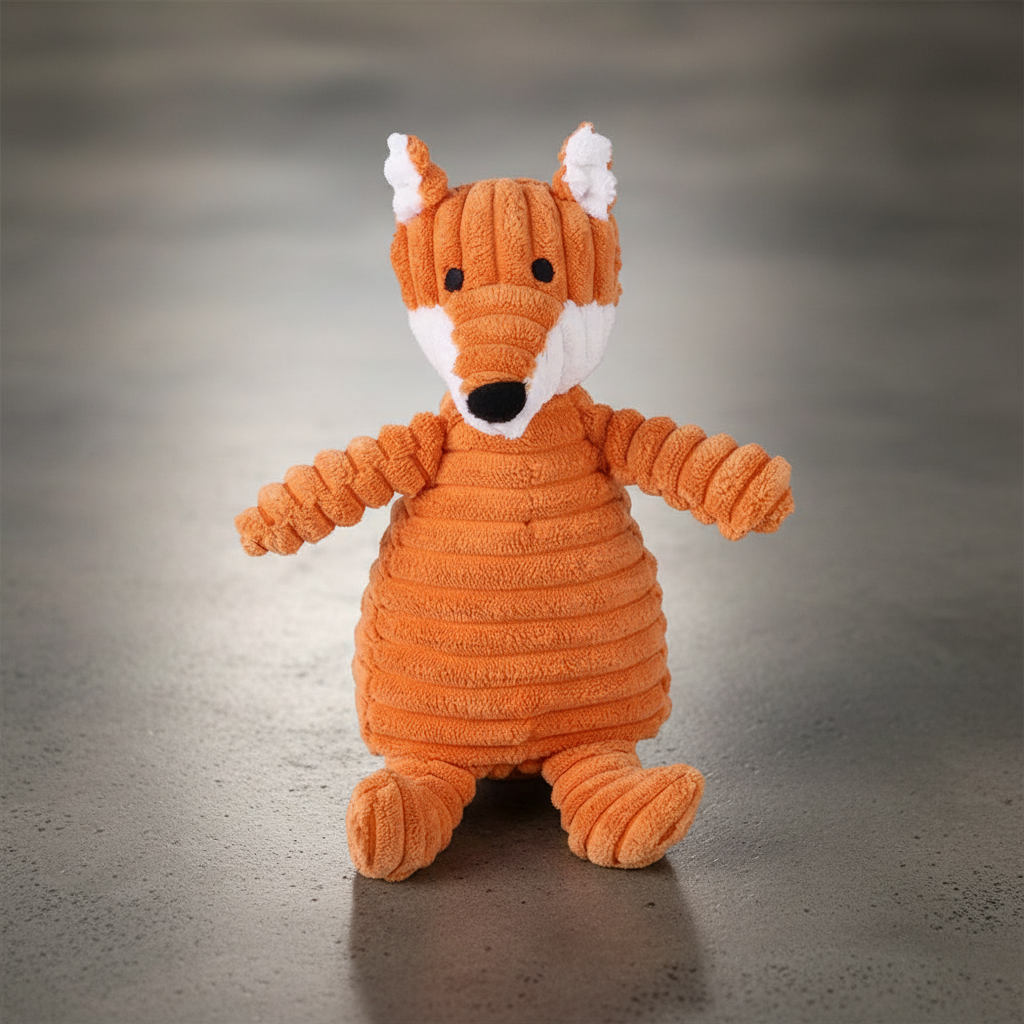 Juguete de peluche de pana para perro color naranja con sonido, suave y resistente, ideal para jugar y apapachar.