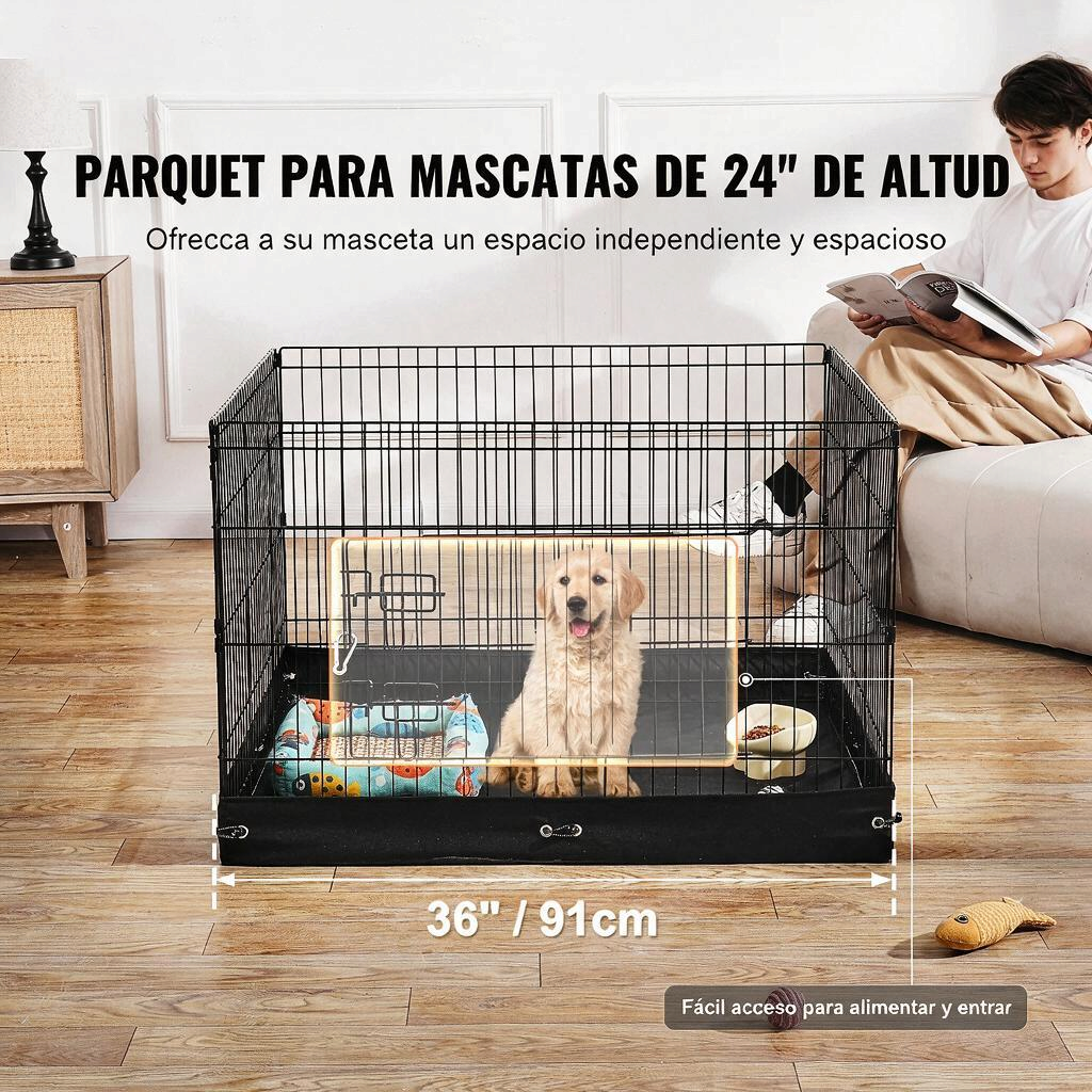 Corral plegable de metal para perro 91x91 cm con tapete impermeable, seguro y fácil de transportar.