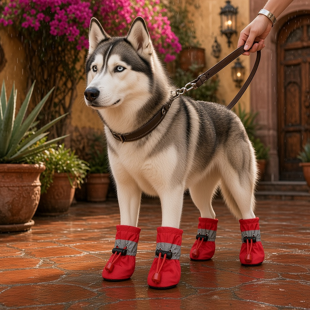 Zapatos impermeables para perro antiderrapantes en un perro husky en un entorno exterior con plantas.