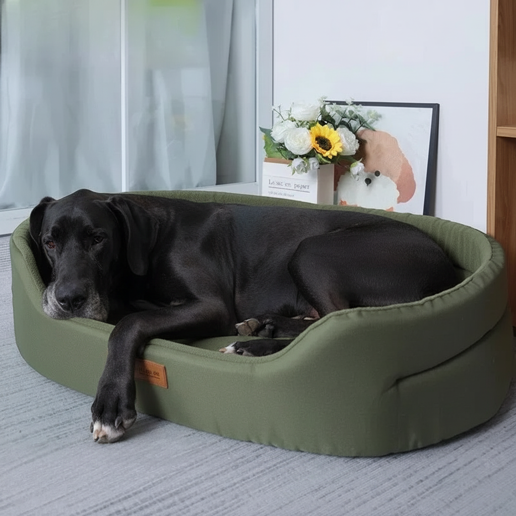 Cama sofá impermeable para perro antiácaros Mitzon, cómoda y resistente, con perro noir se relajando.
