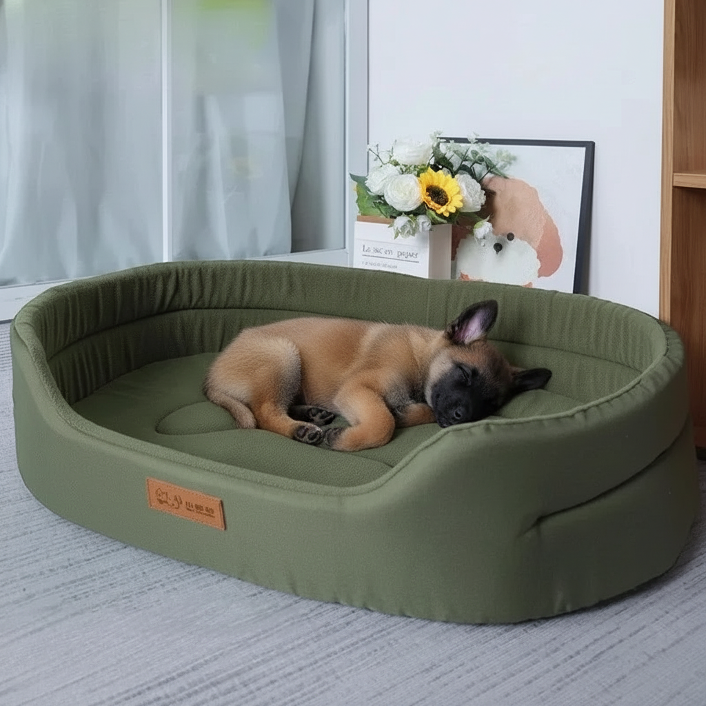 Cama sofá impermeable para perro antiácaros en un ambiente confortable avec un chien dormant paisiblement.