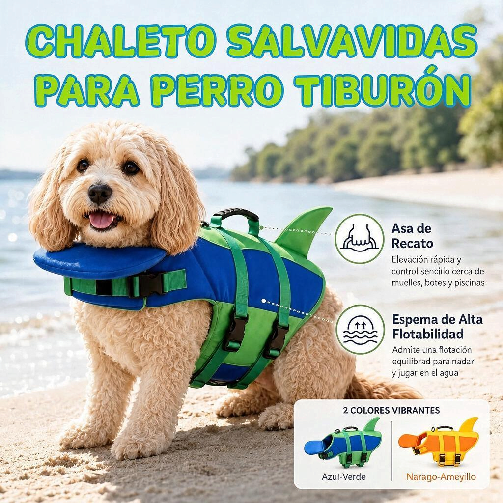 Chaleco de flotación ajustable para perros, diseñado para la seguridad en actividades acuáticas con colores vibrantes.