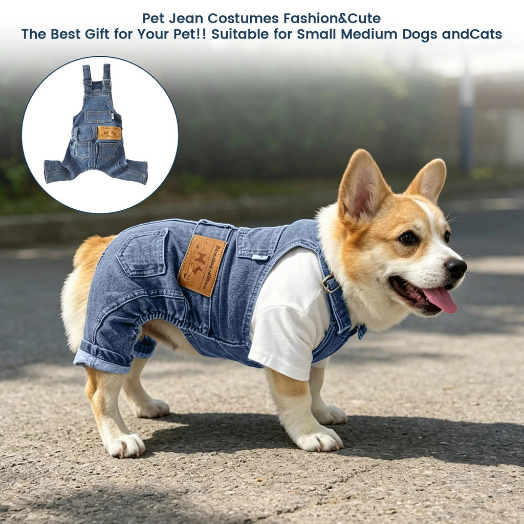 Overol de mezclilla ligero para perro, costume en jean pour chien, parfait pour les petits et moyens chiens.