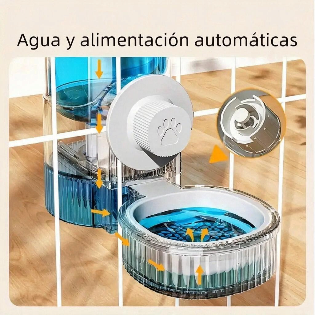 kit comedero y bebedero automático para jaula Mitzon montrant le fonctionnement de l'alimentation et de l'eau automatiques.