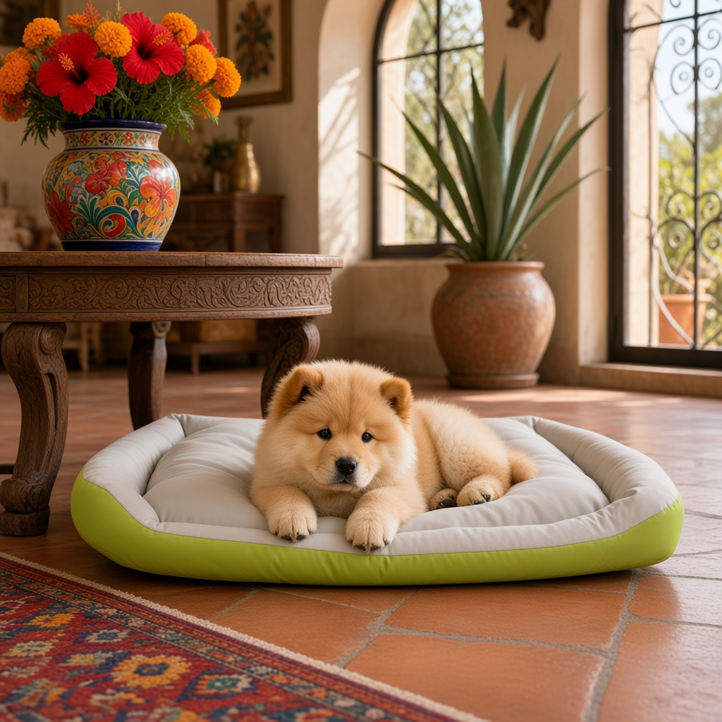 Cama para perro antiderrapante acolchada 70x90 avec un chiot confortable sur le sol en céramique.