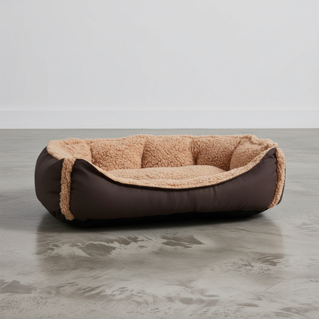 Cama para perro color chocolate suave y resistente de microfibra con base impermeable.