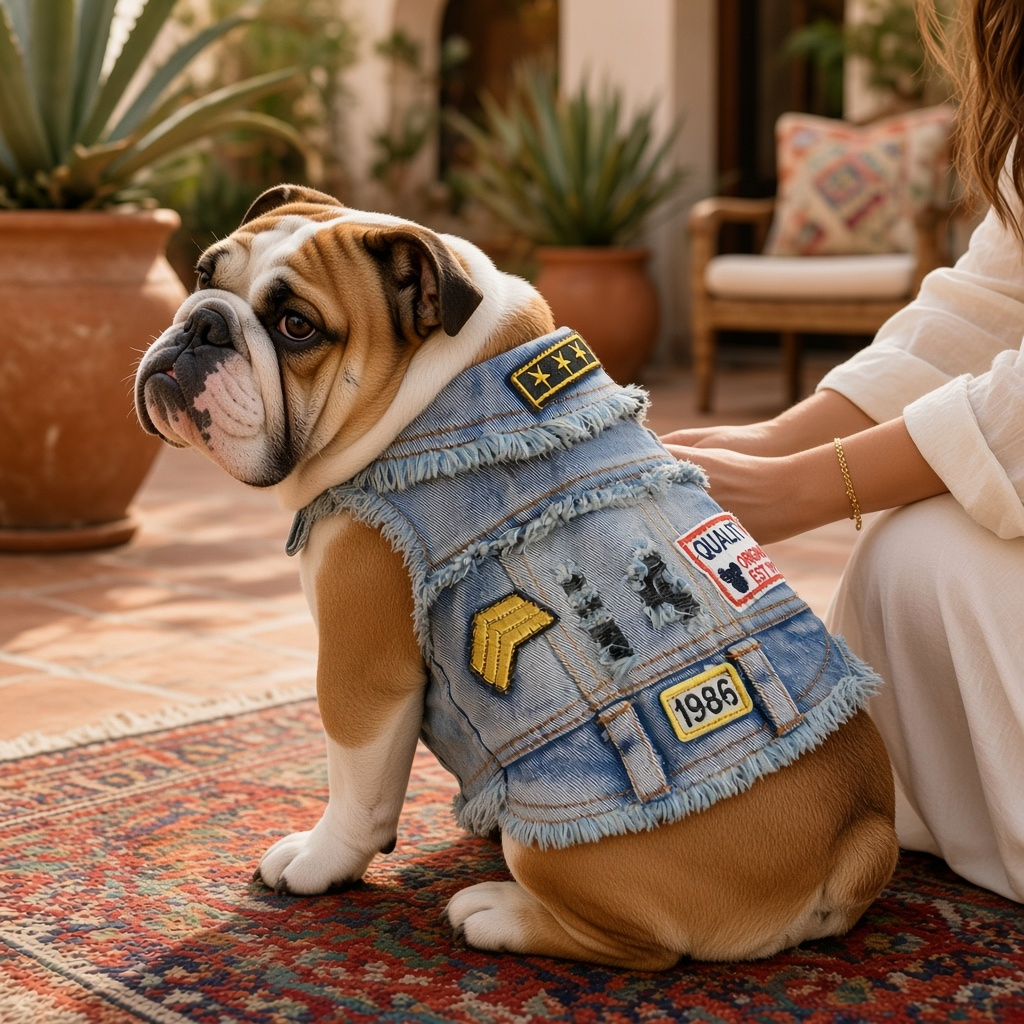 Chamarra vaquera de mezclilla para perros en un bulldog con parches decorativos, sentados en un entorno acogedor.