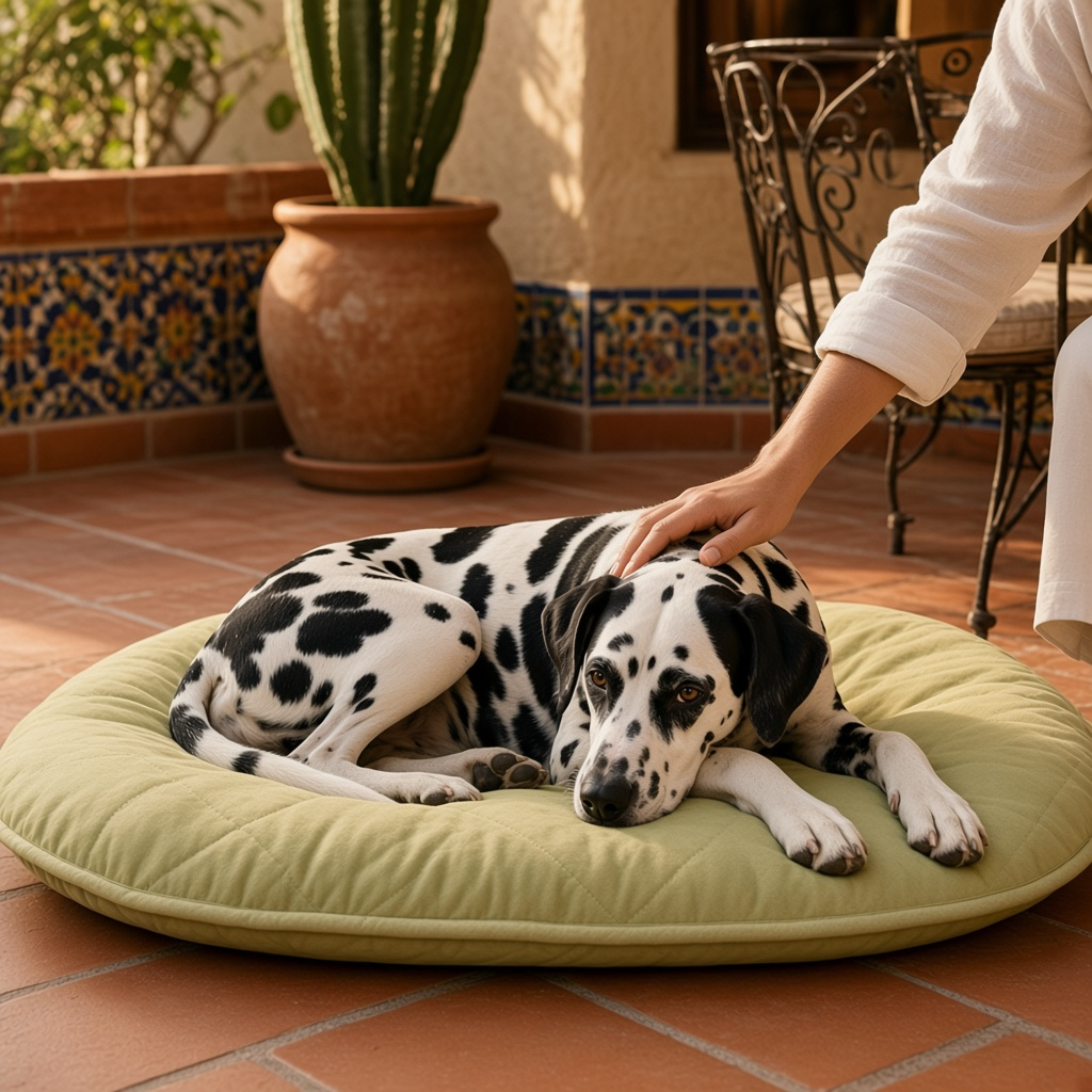 Cojín para cama de perro grande suave café Mitzon avec un chien sur un coussin confortable.