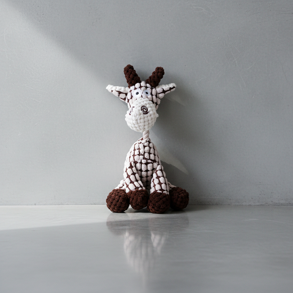 Juguete de peluche de pana para perro en forma de jirafa con textura suave y orejas marrones.