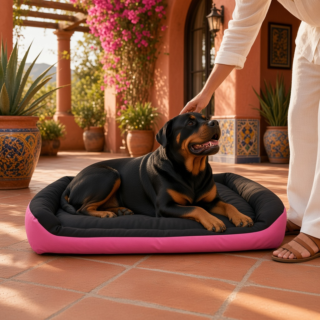 Cama bicolor para perro suave y cómoda Rizzo con perro descansando en un patio elegante.