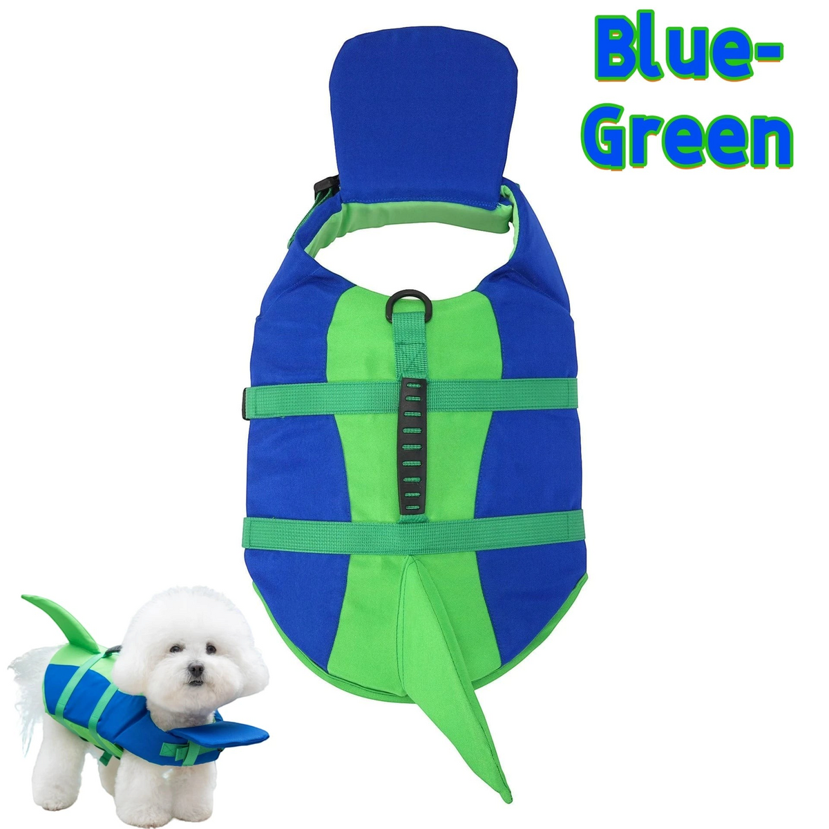 Chaleco de flotación ajustable para perros en azul y verde, diseño cómodo y seguro pour l'eau.