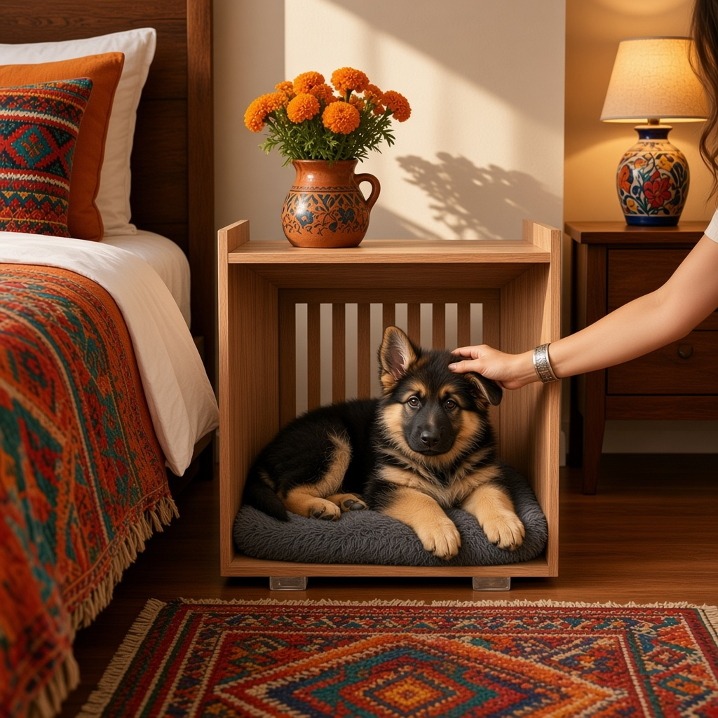Mesa de noche con casita para perro de MDF, perro descansando en el espacio inferior.