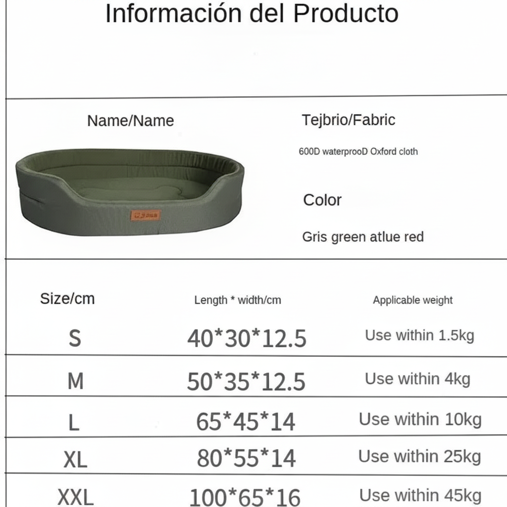 Cama sofá impermeable para perro Mitzon en color gris, con especificaciones de tamaño y peso disponibles.