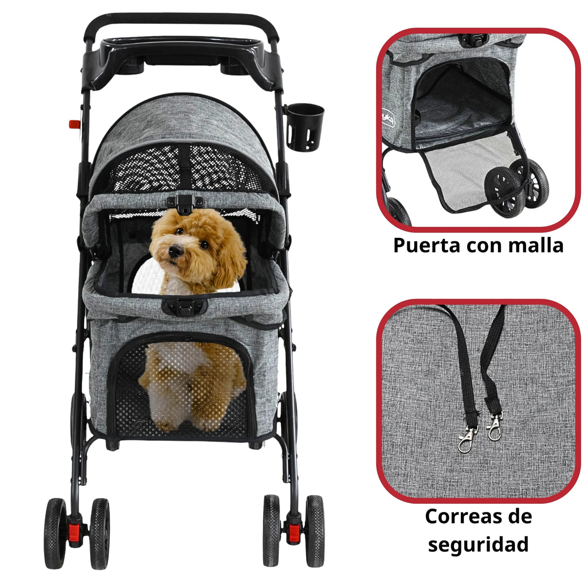 carriola para perro pequeño y mediano plegable Mitzon con perro dentro, puerta con malla y correas de seguridad