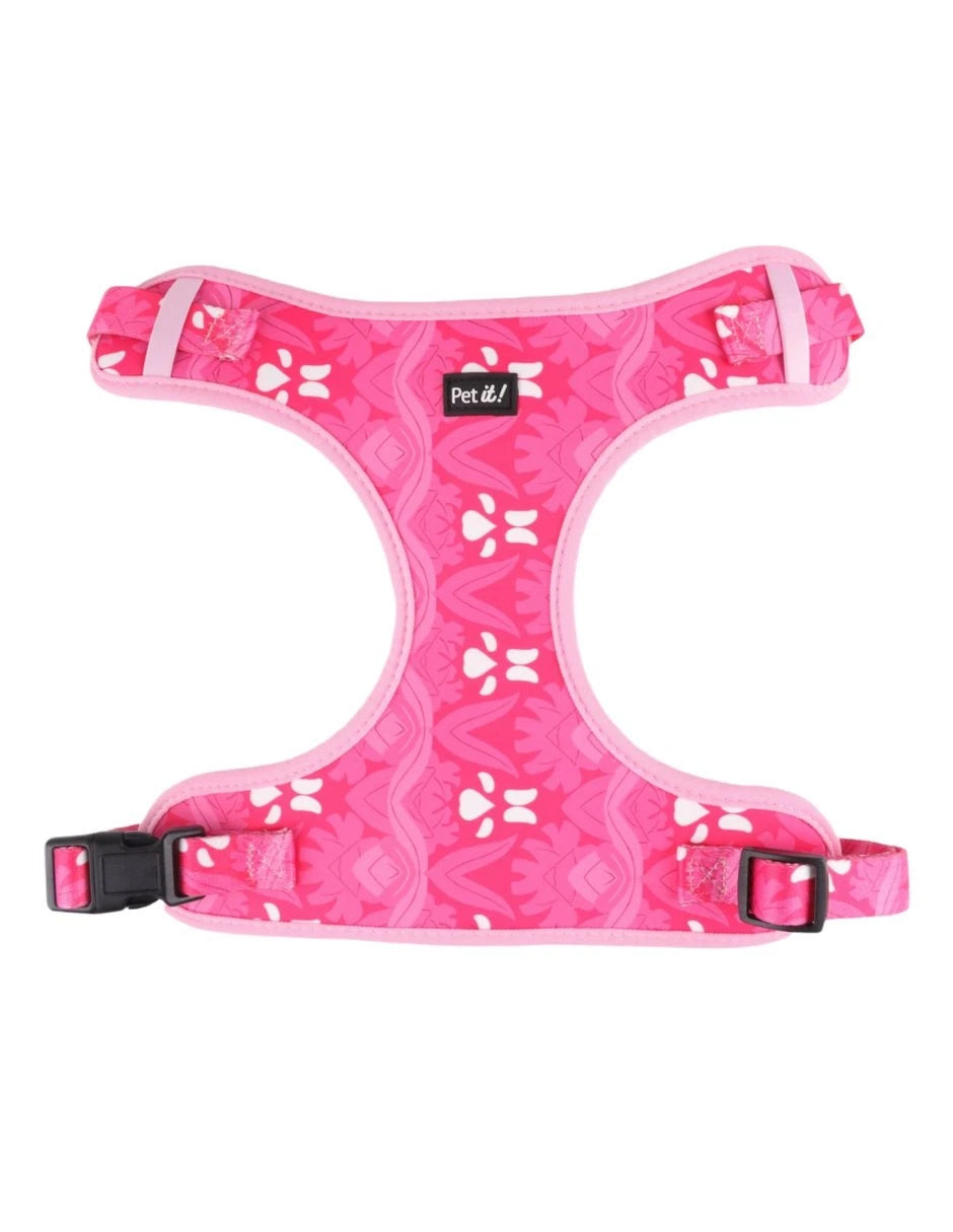 arnés antitirones para perro con estampado floral rosa, diseño ergonómico y colorido para paseos cómodos.