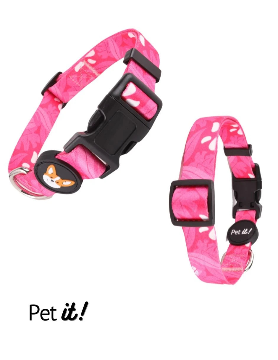 Collar para perro con estampado floral rosa de MITZON, diseño alegre y práctico para paseos.