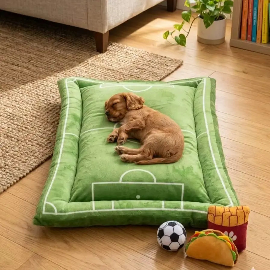 Cama cuadrada para perro diseño cancha de fútbol, perro durmiendo cómodamente en un ambiente acogedor.