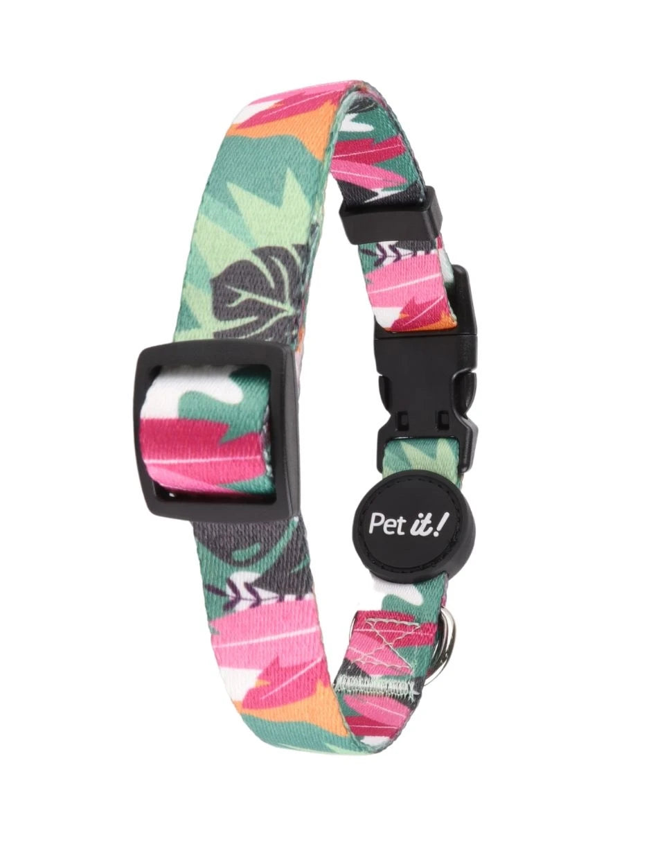 collar para perro con estampado tropical verde, diseño alegre de hojas y flor multicouleur