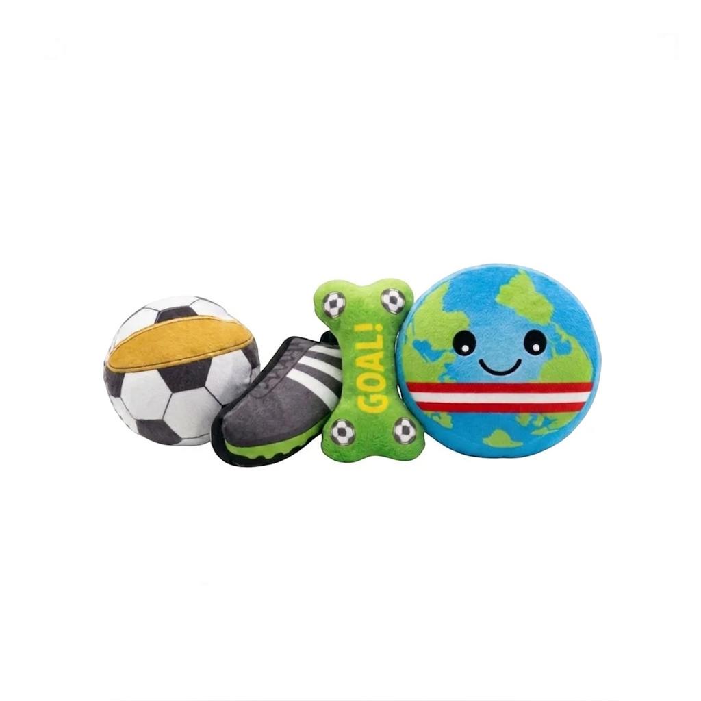 juguetes de peluche para perro temática de fútbol Mitzon, set de 4 peluches de fútbol coloridos y divertidos.