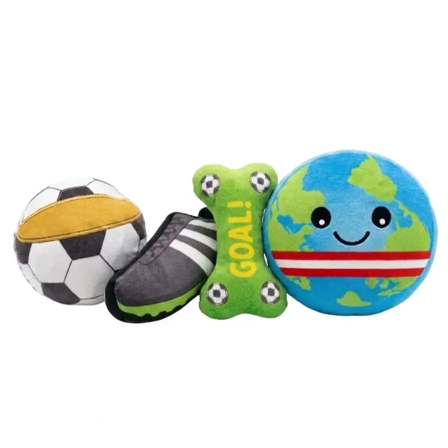 juguetes de peluche para perro temática de fútbol Mitzon, set de 4 peluches coloridos para perros