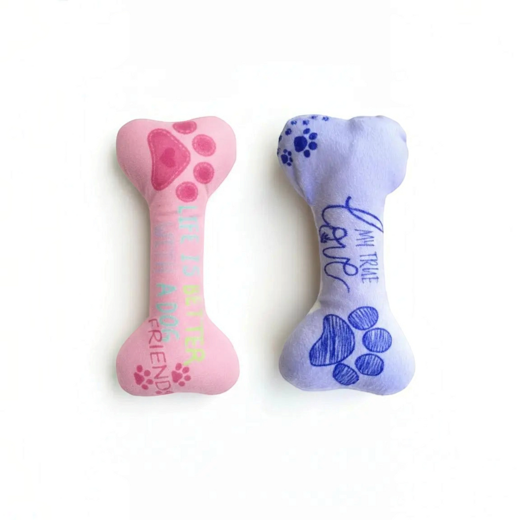 juguete de peluche en forma de hueso para perro Mitzon, color rose et violet, idéal pour le jeu et l'amusement des chiens.
