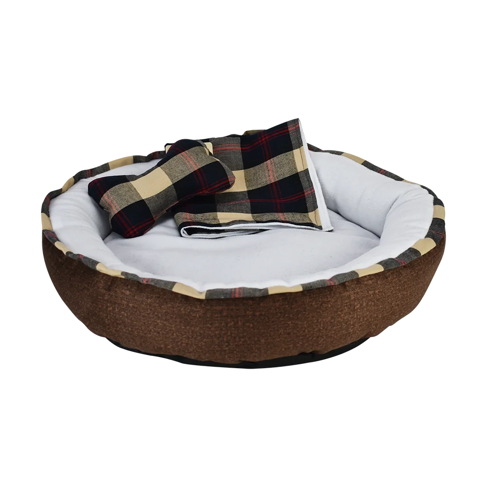 Cama cuadrada para perro color café con cobija y juguete, set confortable pour un repos heureux.