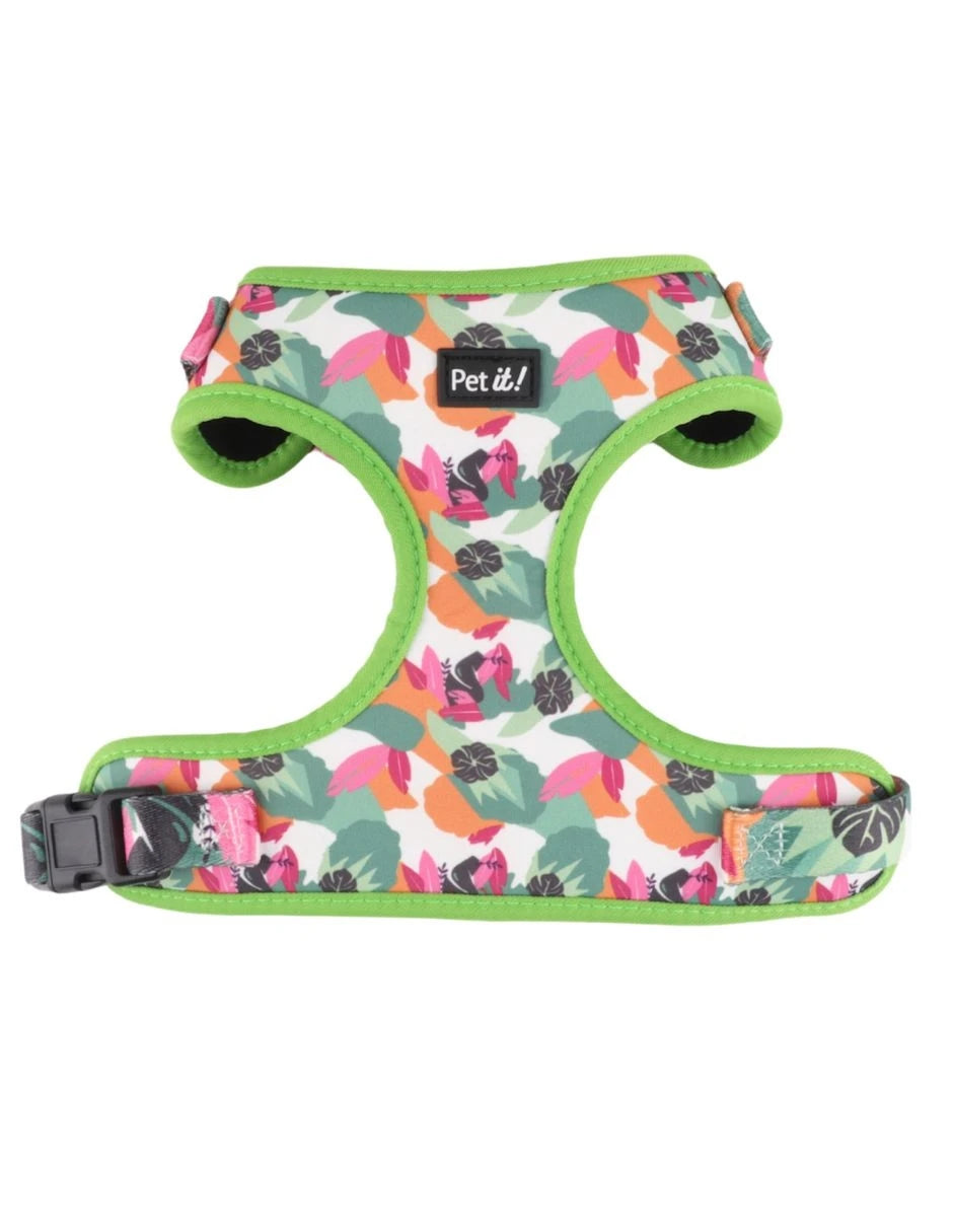 Arnés para perro con estampado tropical verde de MITZON, suave y ergonómico para paseos cómodos.