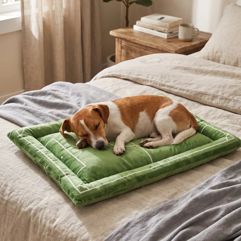 Cama cuadrada para perro diseño cancha de fútbol, perro descansando en un canapé confortable.