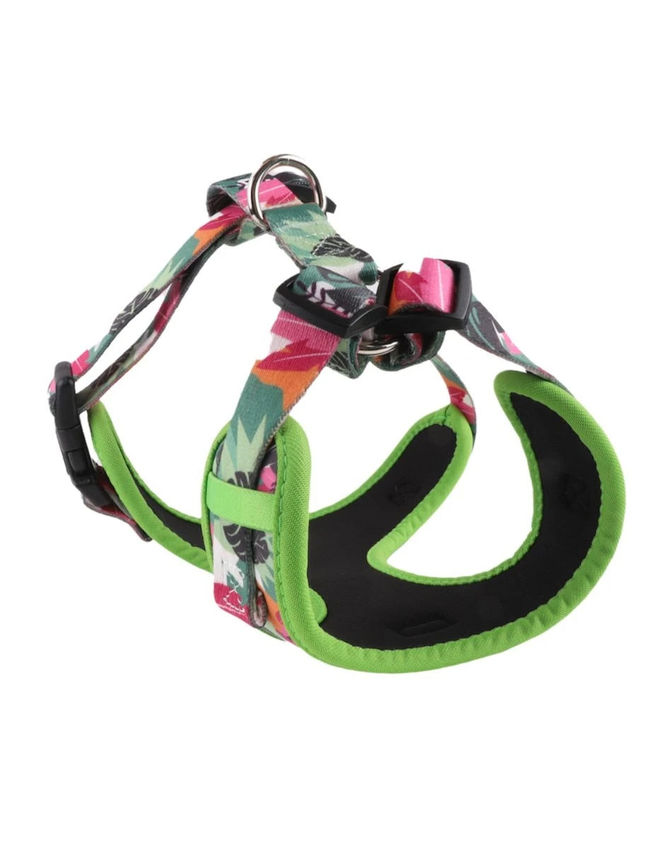 Arnés para perro con estampado tropical verde, diseño ergonómico y antitirones para paseos cómodos.