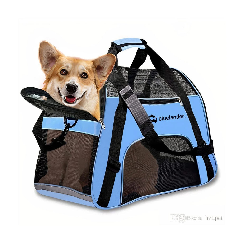 Mochila transportadora para perro pequeño pliable Mitzon avec un chien heureux regardant à l'intérieur.