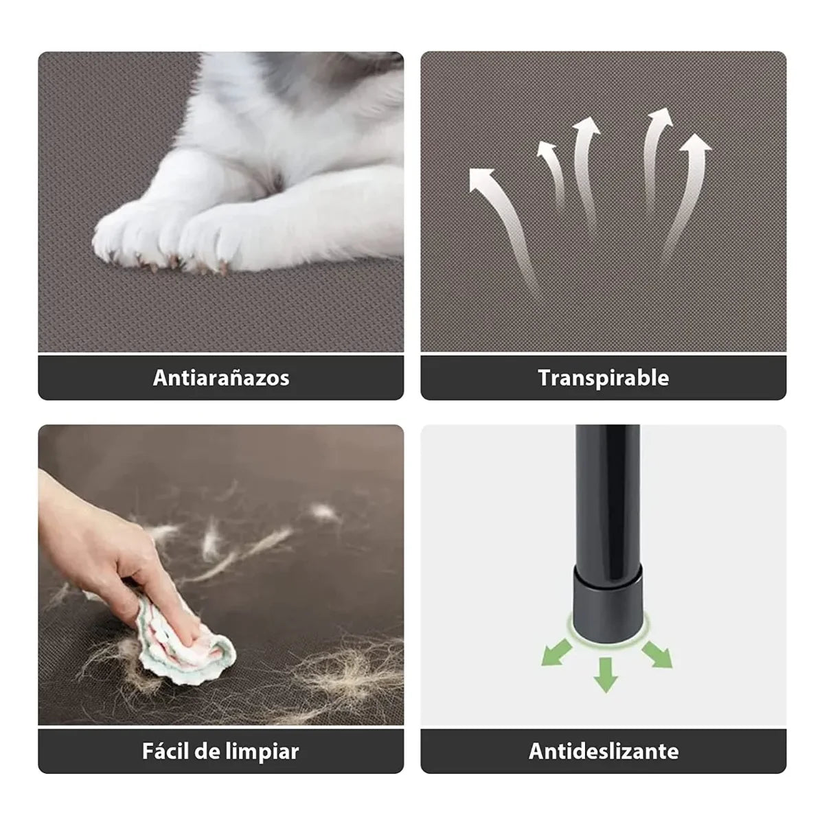 Caractéristiques de la cama elevada para perro grande : antiarañazos, respirante, facile à nettoyer, antidérapante.
