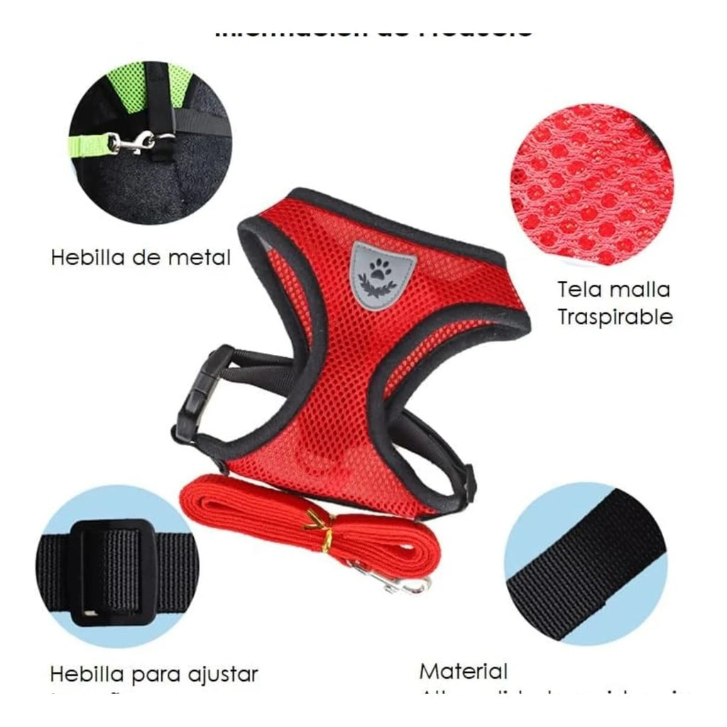 arnés pechera transpirable para perro en color rojo con correa, diseño ligero y cómodo para paseos.