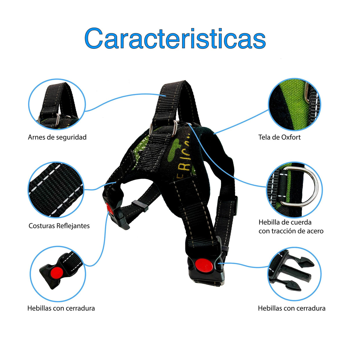 Características del arnés de seguridad para perro mediano y grande Mitzon, incluyendo materiales y hebillas.