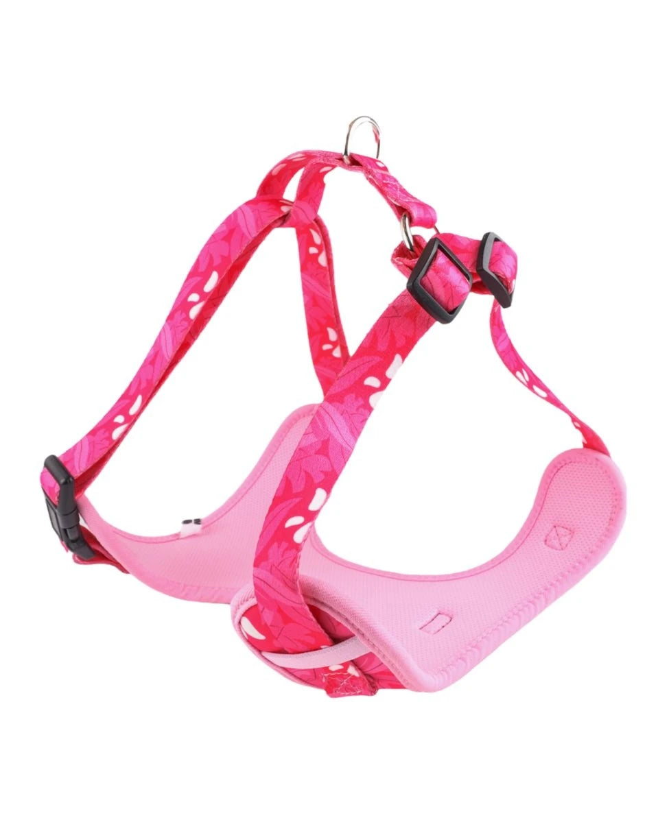 arnés antitirones para perro con estampado floral rosa en diseño ergonómico y colorido.