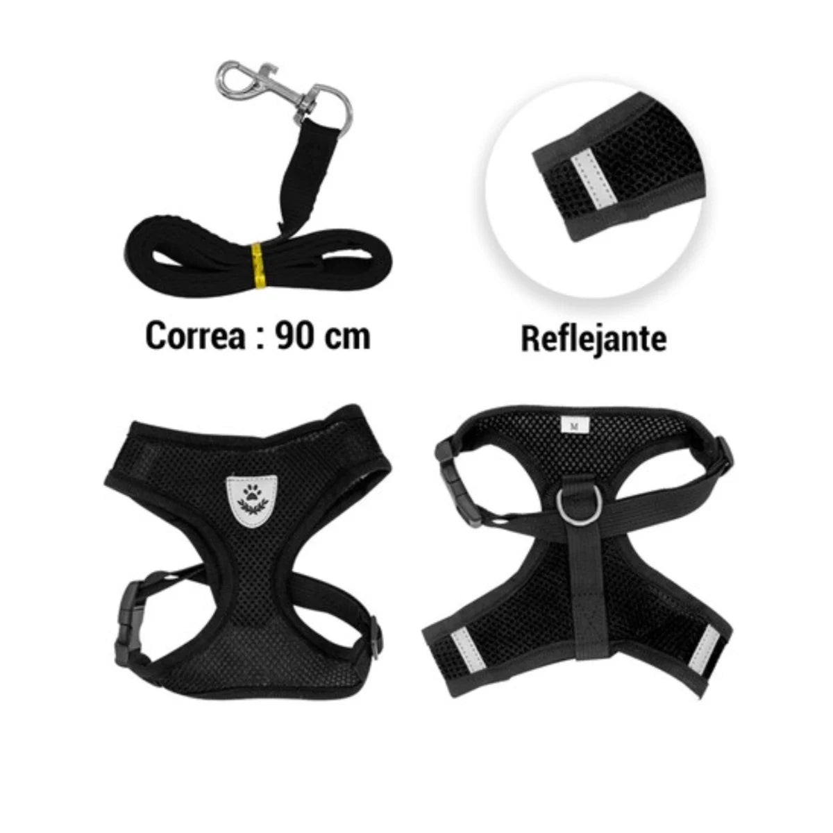 arnés pechera transpirable para perro con correa de 90 cm, diseño reflectante y malla de aire.