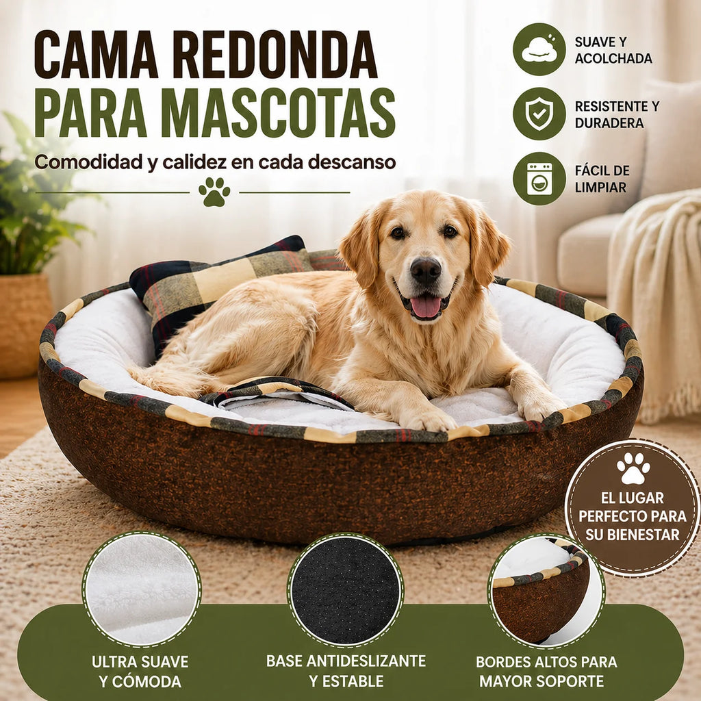 Cama cuadrada para perro color café con cobija y juguete, confort y calidez para su descanso feliz.