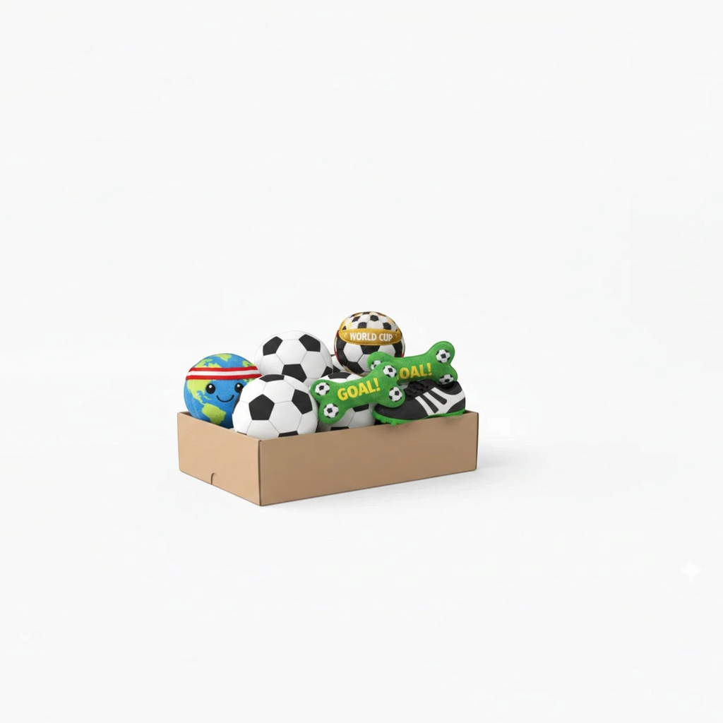 jouets de peluche pour chien thématique de football Mitzon avec des ballons colorés dans une boîte.