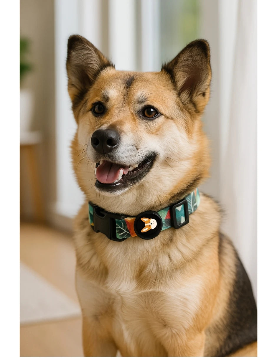 collar para perro con estampado tropical verde sur le cou d'un chien heureux dans un intérieur lumineux.