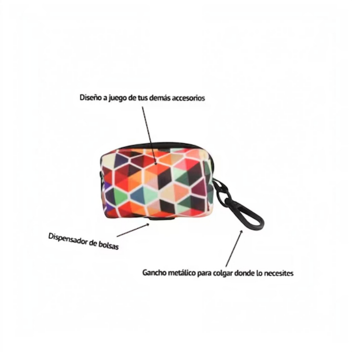 Dispensador de bolsas para perro geométrico Mitzon con gancho metálico para colgar fácilmente.