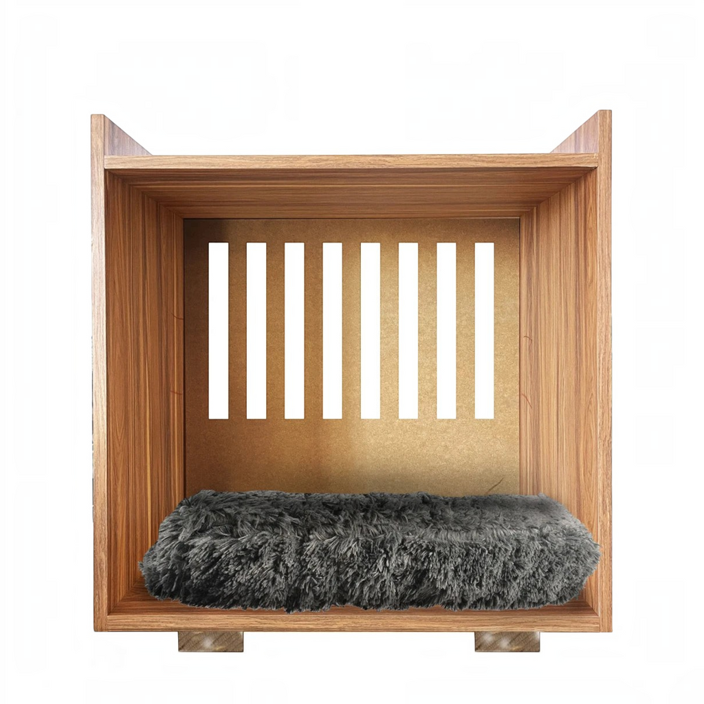 mesa de noche con casita para perro de MDF, espacio acogedor con cojín para descansar.